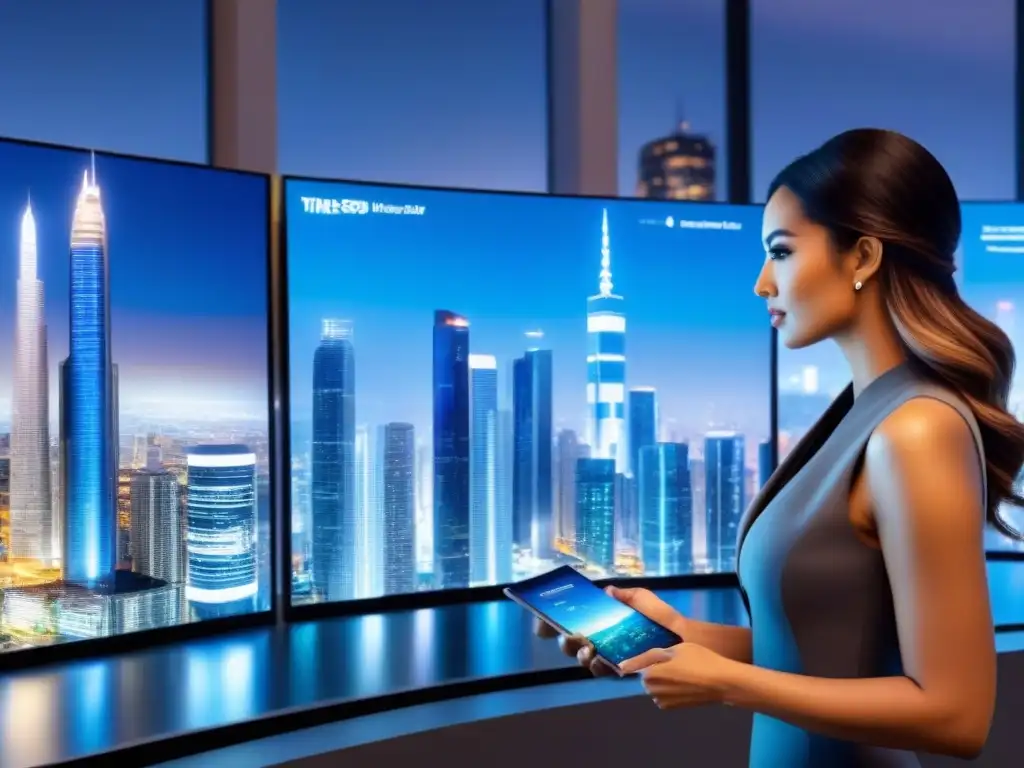 Metrópolis digital: innovación y conectividad en el marketing inmobiliario Profesionales del marketing inmobiliario global con redes sociales en un entorno digital futurista