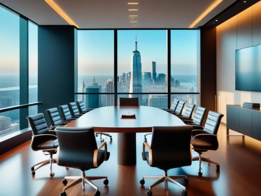 Negociación de alto nivel en sala de juntas de lujo con vista a la ciudad Profesionales negociando mercado inmobiliario norteamericano en lujosa sala de juntas con vista a la ciudad