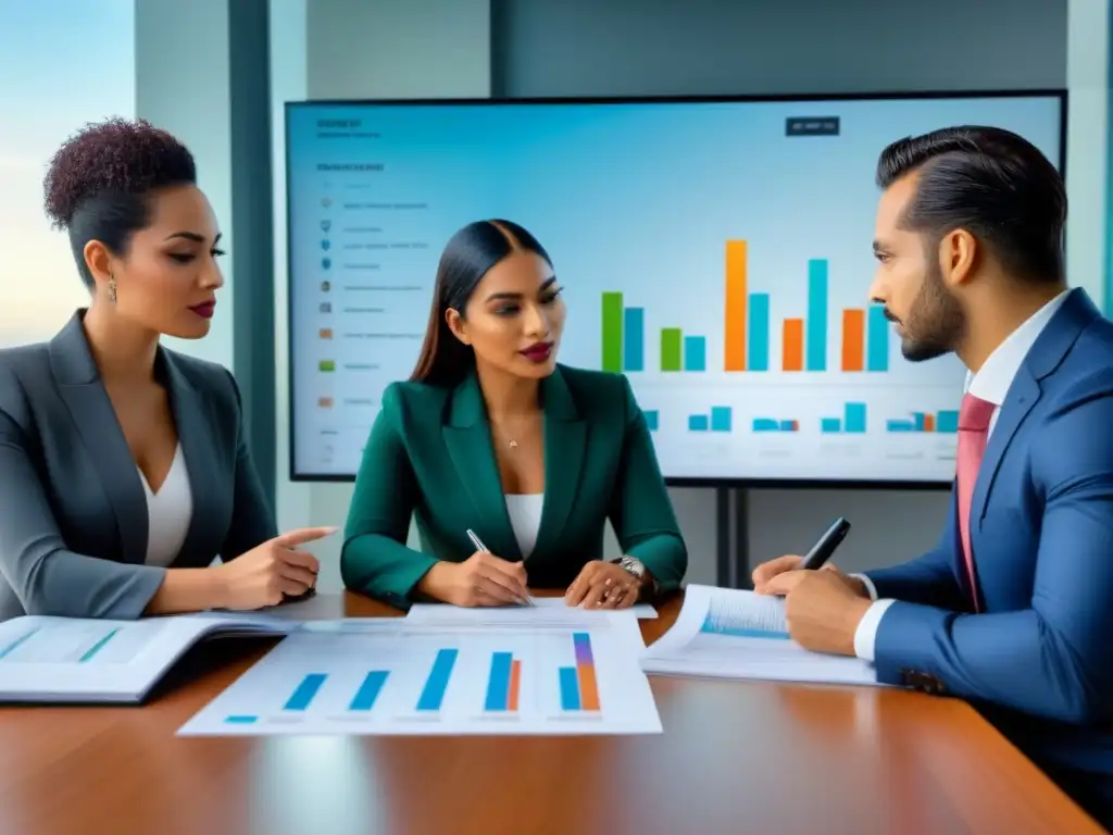 Profesionales analizan datos inmobiliarios en ciudad latinoamericana Profesionales en mesa analizan datos inmobiliarios en ciudad latinoamericana, previniendo fraudes