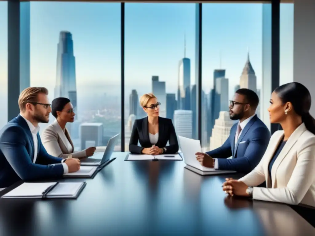 Negociación profesional en ciudad moderna Profesionales en mesa de negociación, con vista a la ciudad