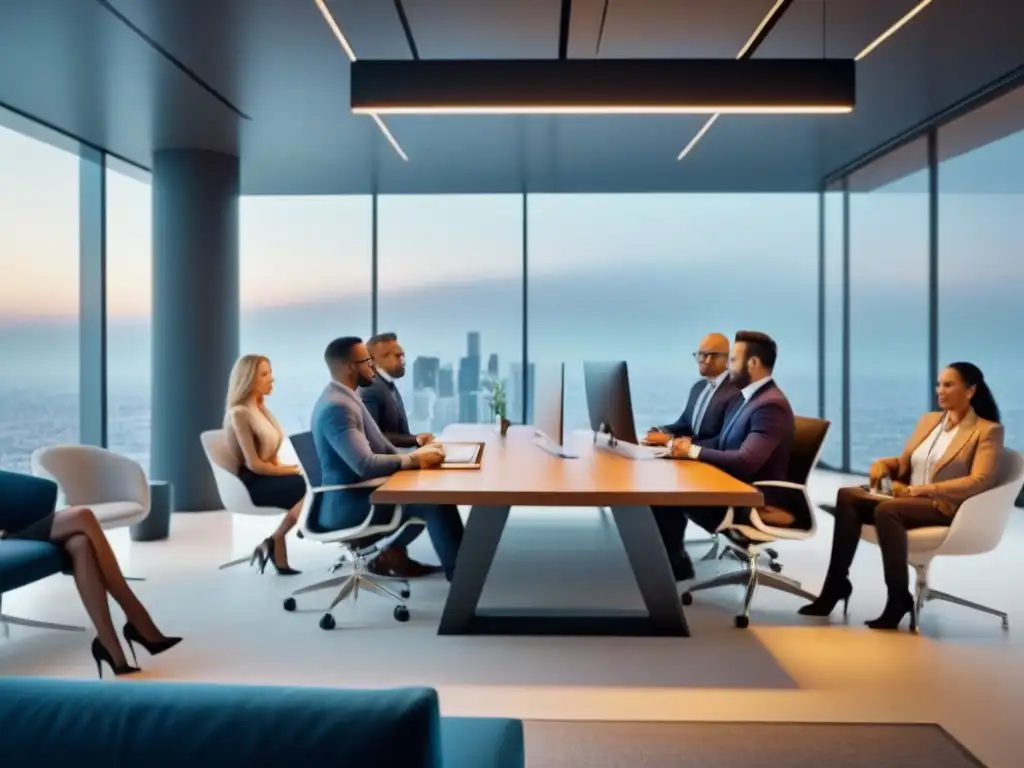 Profesionales globales en oficina moderna: colaboración e innovación Profesionales discuten en moderna oficina con documentos internacionales y tecnología, transmitiendo colaboración e innovación