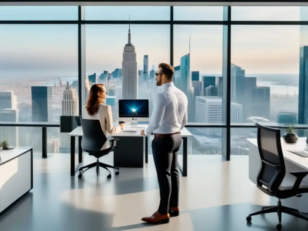 Oficina de lujo con vista panorámica: colaboración en bienes raíces Profesionales colaborando en moderna oficina con vista a la ciudad, resaltando autenticidad en influencers mercado inmobiliario internacional
