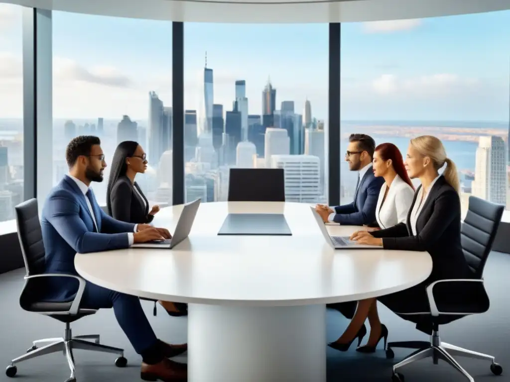 Profesionales en reunión estratégica en sala de juntas moderna Profesionales en moderna sala de juntas discutiendo diligencia debida en fusiones, reflejando profesionalismo y trabajo en equipo