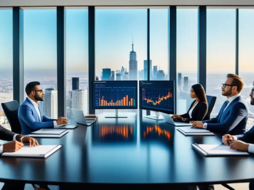 Inversores internacionales enfocados en datos de mercado en oficina moderna Profesionales en moderna sala de reuniones, analizando datos de mercado inmobiliario internacional
