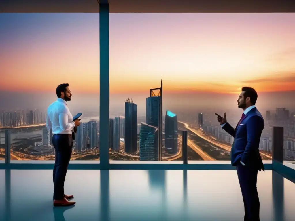 Negocios en ascenso: inversión inmobiliaria en mercados emergentes Profesionales negociando en moderno rascacielos al atardecer en mercados emergentes