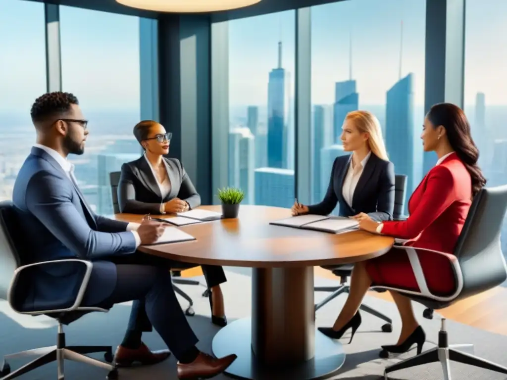 Profesionales diversos discuten contratos en oficina legal elegante Profesionales multiculturales discuten contratos en una moderna sala de juntas de bufete de abogados