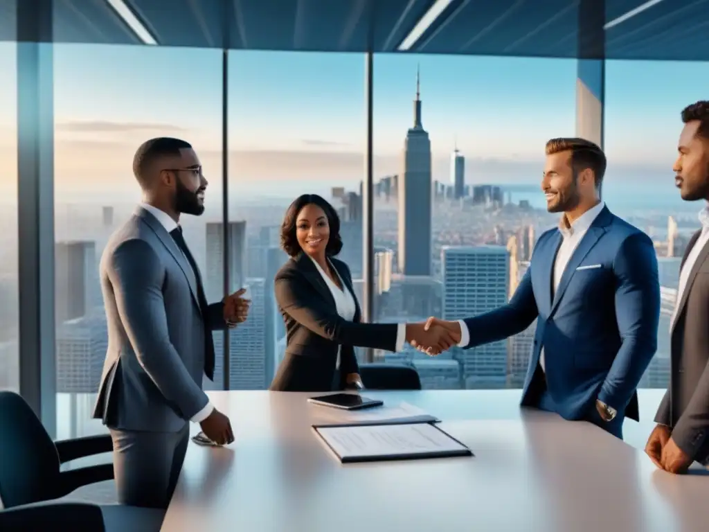 Equipo multicultural cerrando trato inmobiliario ético y transparente Profesionales multiculturales en una transacción inmobiliaria ética en una oficina moderna