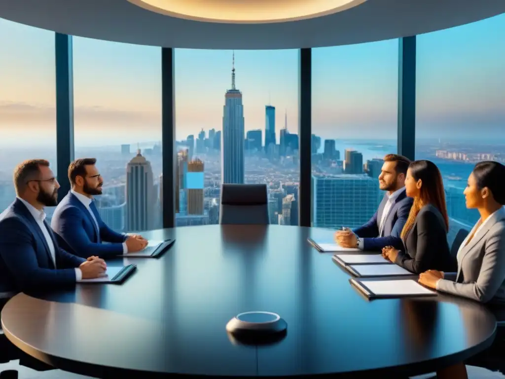 Profesionales negociando en moderna sala de juntas Profesionales en negociación inmobiliaria internacional en moderna sala de juntas con vista panorámica