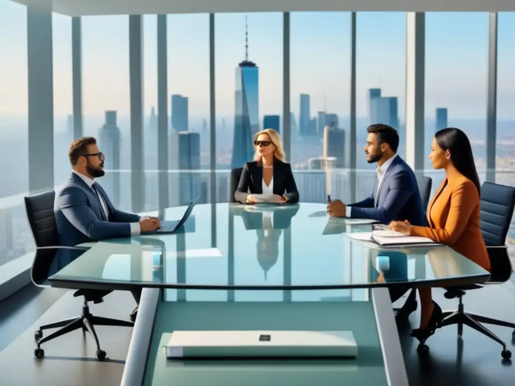 Profesionales negociando en oficina moderna con vista a la ciudad Profesionales en negociación inmobiliaria en oficina moderna con vista a la ciudad
