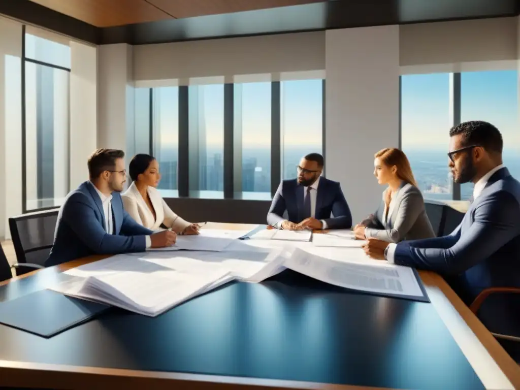 Negociación inmobiliaria: Estrategias en la mesa de reuniones Profesionales en negociación intensa sobre documentación legal en una sala de reuniones moderna