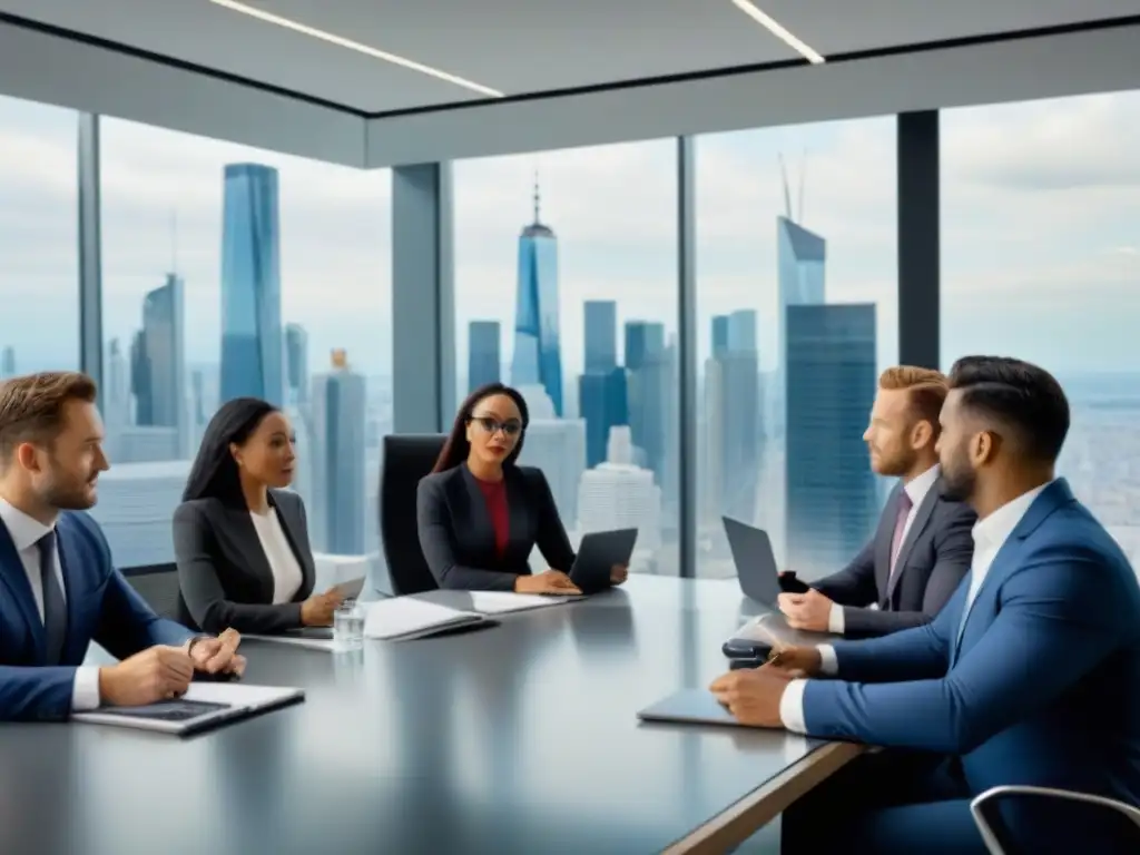 Profesionales de negocios en una moderna oficina de inversión internacional Profesionales de negocios en discusión en oficina moderna, reflejando la dinámica de la inversión comercial internacional