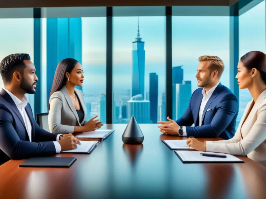 Negociación multicultural en sala de juntas de lujo Profesionales de negocios internacionales en una sala de reuniones moderna, discutiendo estrategias para vender propiedades a compradores internacionales