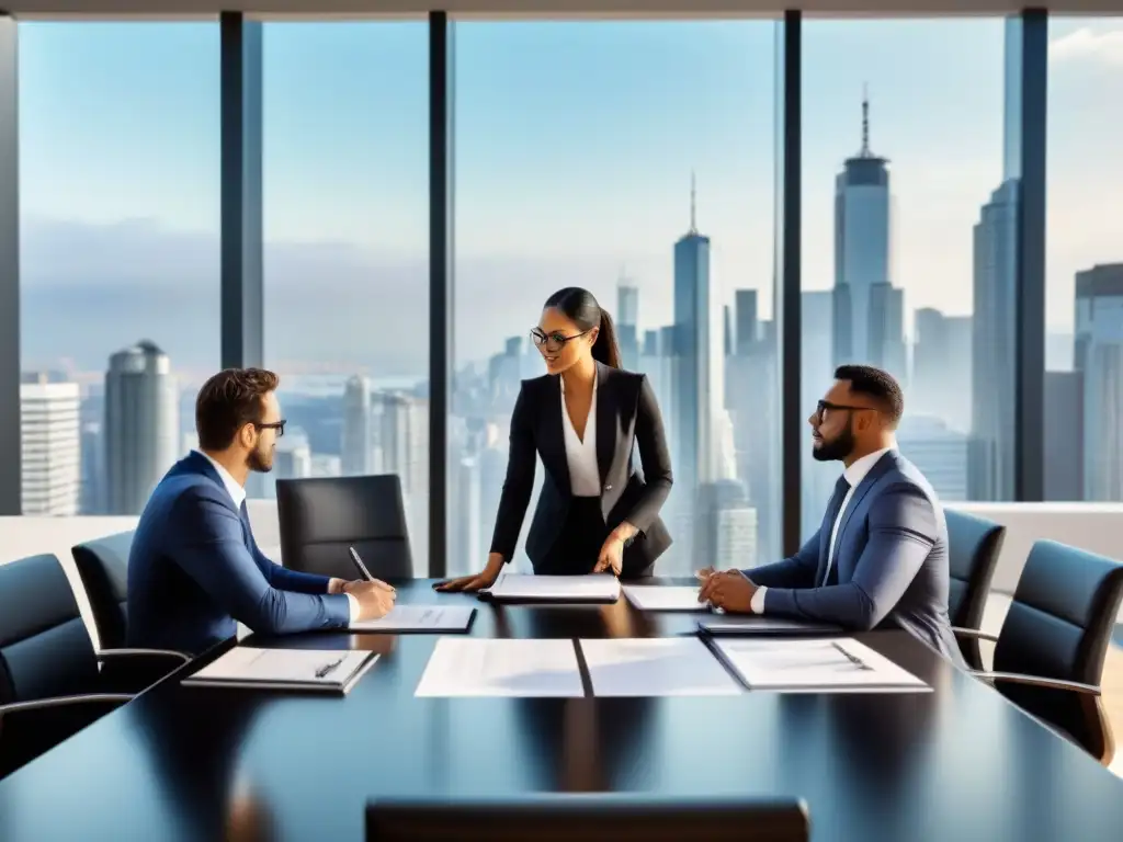Negociación de negocios internacionales en moderna sala de juntas Profesionales de negocios en reunión en sala de juntas moderna con vista a la ciudad: técnicas de negociación mercados inmobiliarios fronterizos