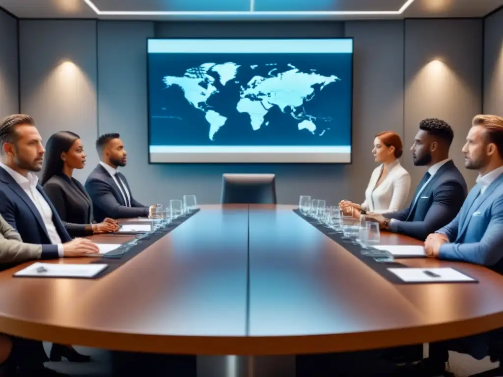 Reunión de negocios multicultura en sala de juntas de alta tecnología Profesionales de negocios en sala de juntas moderna discuten Regulaciones inversión extranjera directa internacionales