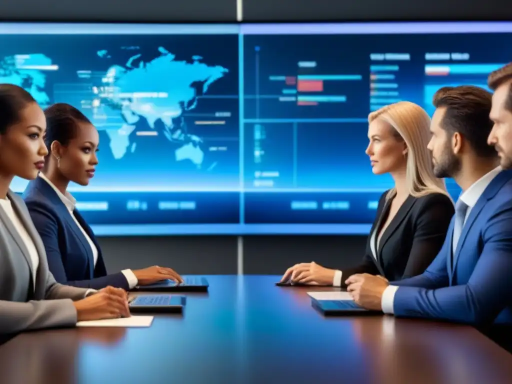 Profesionales de negocios en sala de juntas global Profesionales de negocios en sala de juntas moderna, discutiendo tendencias M&A mercados emergentes con datos globales en pantallas digitales