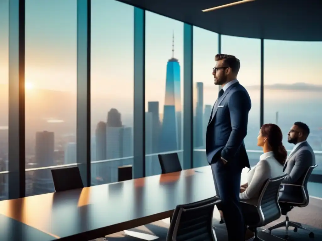 Reunión de negociación exitosa en oficina moderna y elegante Profesionales negociando ofertas en una elegante oficina con vista a la ciudad