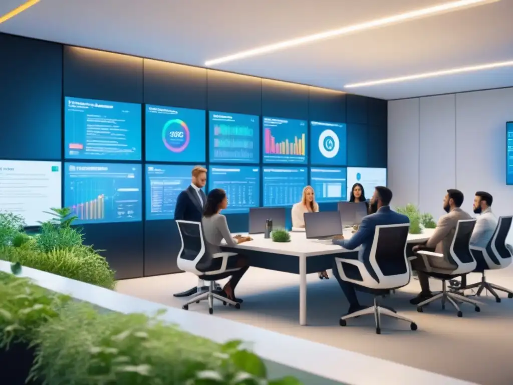 Profesionales colaborando en oficina futurista con tecnología blockchain y sostenibilidad Profesionales en oficina futurista usando blockchain en financiación de proyectos sostenibles