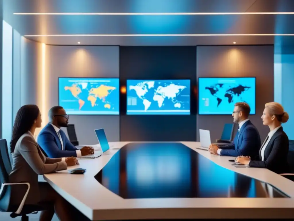 Oficina futurista: profesionales analizan M&A global Profesionales debatiendo en una oficina futurista, analizando errores regulaciones M&A internacionales