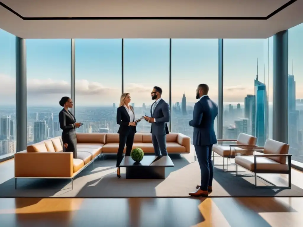 Profesionales exitosos en reunión en lobby de oficina moderna Profesionales en oficina moderna, discutiendo con confianza