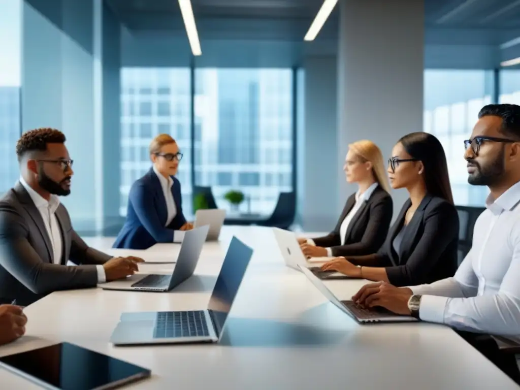 Reunión de profesionales en oficina moderna: escena dinámica y colaborativa Profesionales en oficina moderna discuten estrategias para maximizar ganancias mediante derechos propiedad