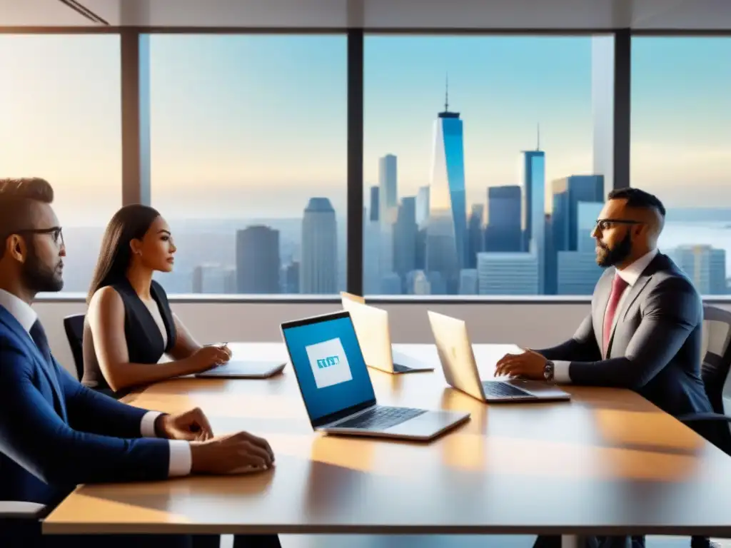 Profesionales en reunión estratégica: oficina moderna y colaboración Profesionales colaboran en oficina moderna con gráficos y laptops, en reunión estratégica sobre estrategias ingresos pasivos REITs