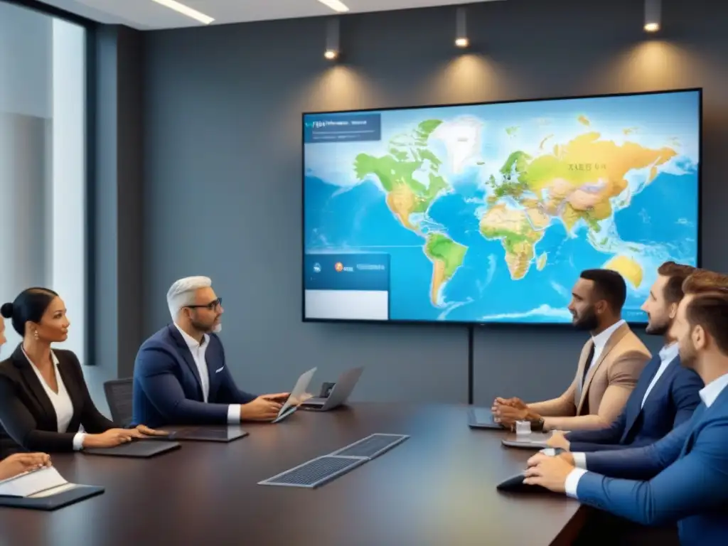 Profesionales colaborando en oficina moderna de inversión inmobiliaria Profesionales en oficina moderna discuten inversión inmobiliaria en mercados emergentes
