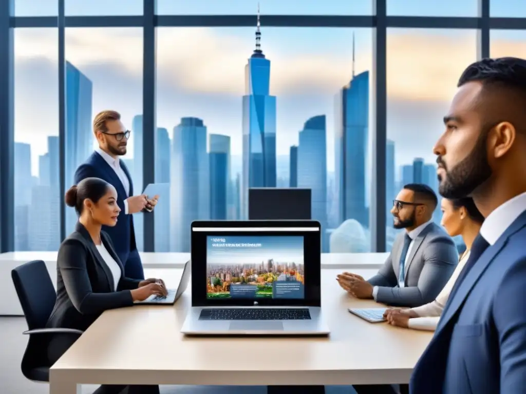 Profesionales diversificados discuten inversión inmobiliaria global Diversos profesionales en una oficina moderna, discutiendo sobre inversiones inmobiliarias con plataformas crowdfunding internacional