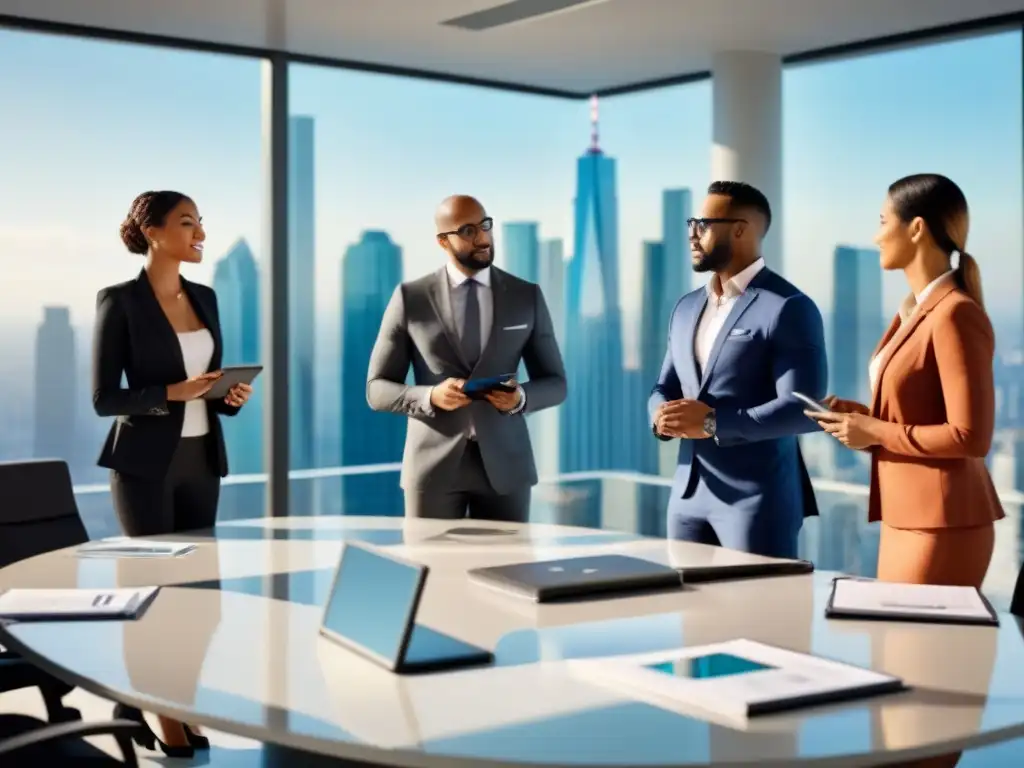Profesionales de negocios diversificados en reunión estratégica Profesionales en oficina moderna discutiendo sobre inversiones inmobiliarias internacionales