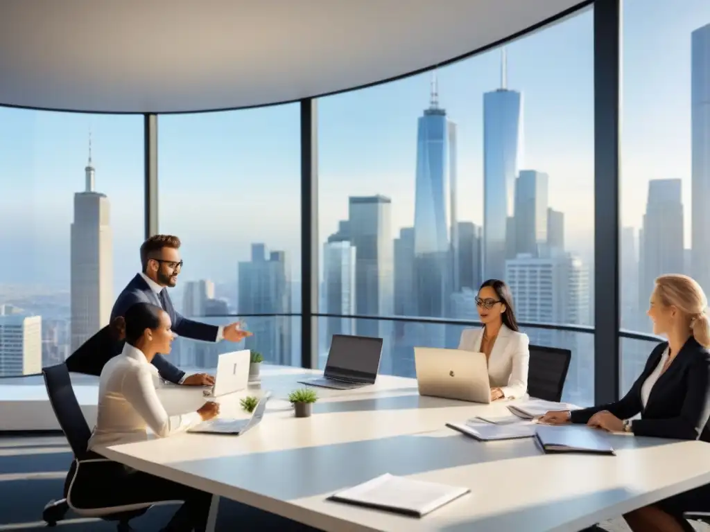 Equipo diverso en oficina moderna con vista panorámica Profesionales colaborando en oficina moderna con obstáculos legales hipotecas internacionales