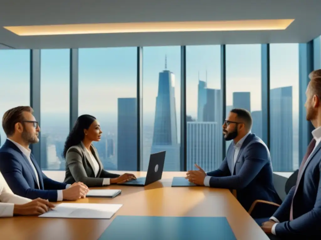 Profesionales en acción: innovación y sostenibilidad en la oficina moderna Profesionales en oficina moderna discuten sobre inversión sostenible normativas ambientales