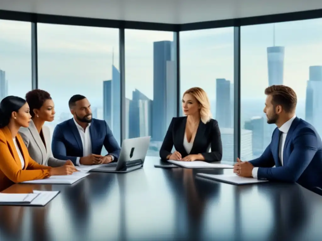 Profesionales en discusión: oficina moderna con vista panorámica Profesionales en oficina moderna discuten inversión en tiempos compartidos