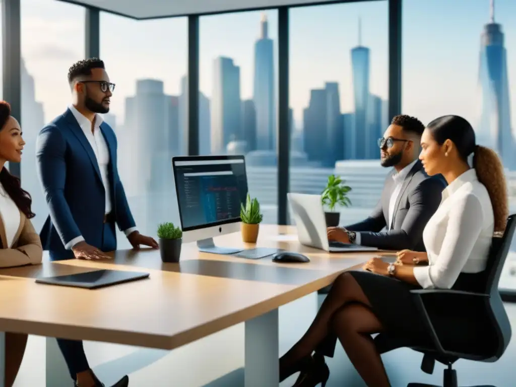 Reunión de profesionales en oficina ultramoderna Profesionales colaborando en oficina moderna con vista a la ciudad