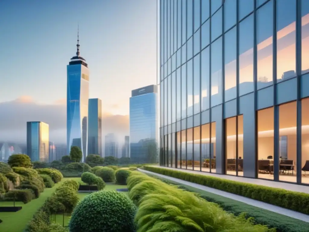 Oficinas modernas y colaboración global en entorno dinámico Profesionales colaboran en oficina moderna con vista a ciudad, transmitiendo crecimiento en mercado inmobiliario multilingüe