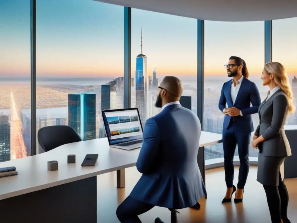 Profesionales analizan oportunidades de crowdfunding inmobiliario global en oficina moderna Profesionales analizan oportunidades de crowdfunding inmobiliario internacional en moderna oficina