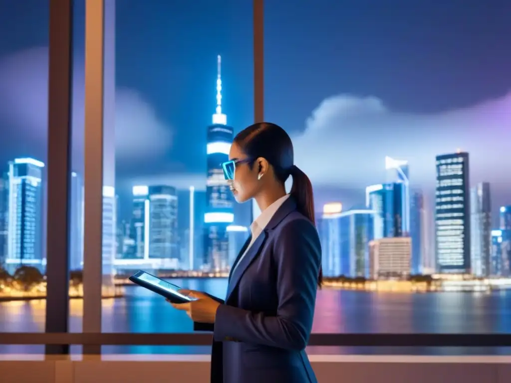 Inversiones seguras: Futurismo tecnológico en la ciudad digital nocturna Profesionales en un paisaje urbano futurista con seguridad cibernética en inversiones inmobiliarias