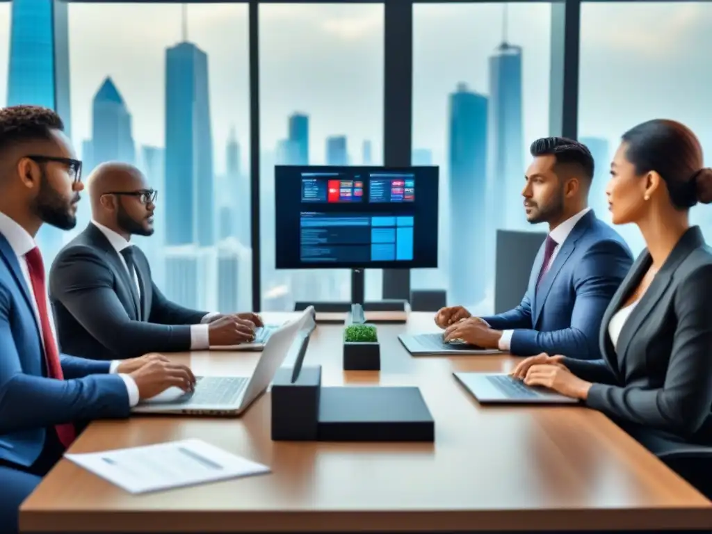 Reunión de profesionales internacionales en moderna oficina Profesionales de diferentes países discuten regulaciones alquiler mercado inmobiliario internacional en sala moderna con banderas y datos globales
