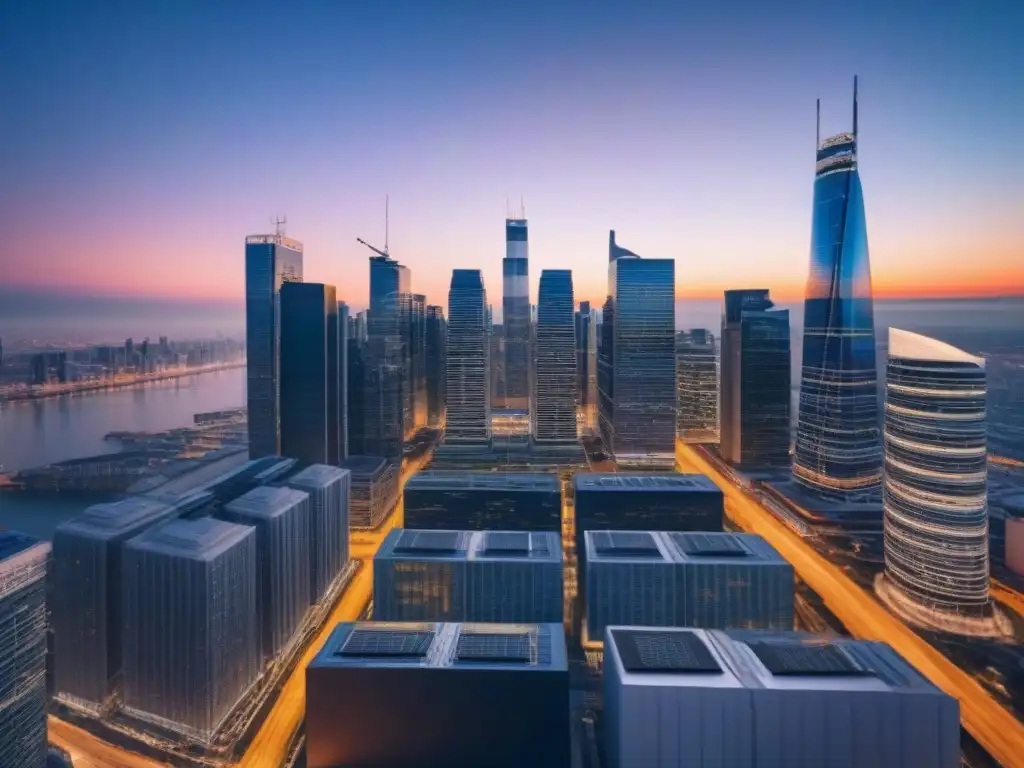 Horizonte urbano vibrante: inversión inmobiliaria internacional Profesionales debaten planes de inversión inmobiliaria en mercados emergentes internacionales, iluminados por el atardecer en la ciudad