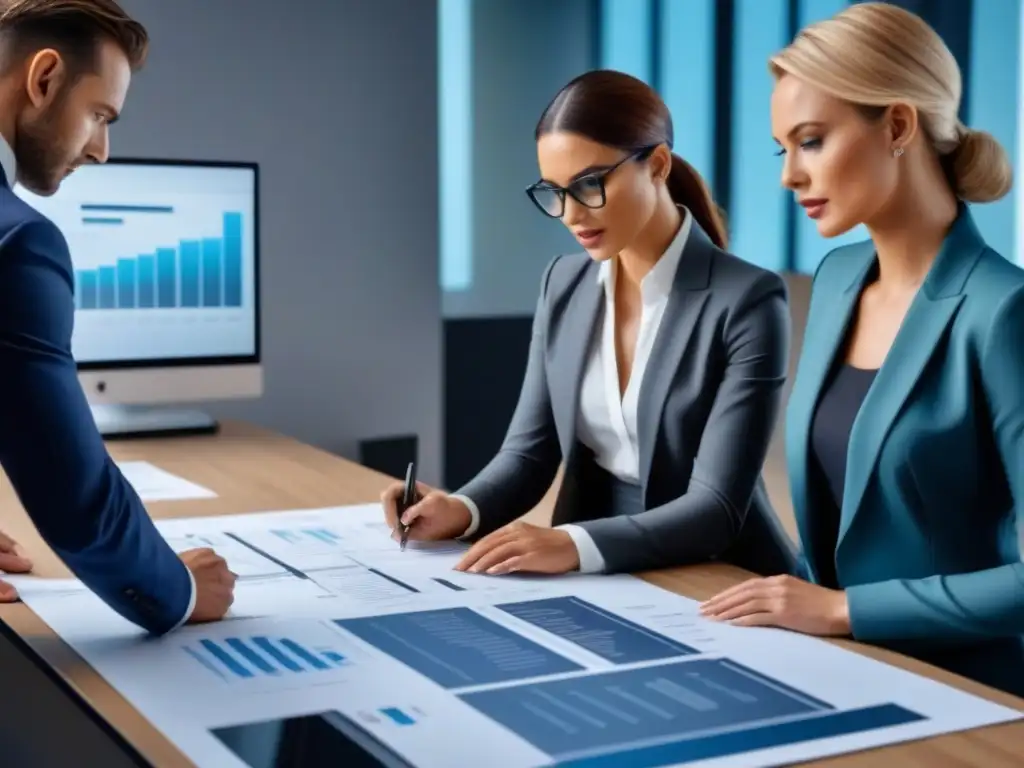 Equipo de profesionales analizando minuciosamente planos y documentos financieros en una oficina moderna y sofisticada Profesionales revisan minuciosamente planos y documentos financieros en una oficina moderna
