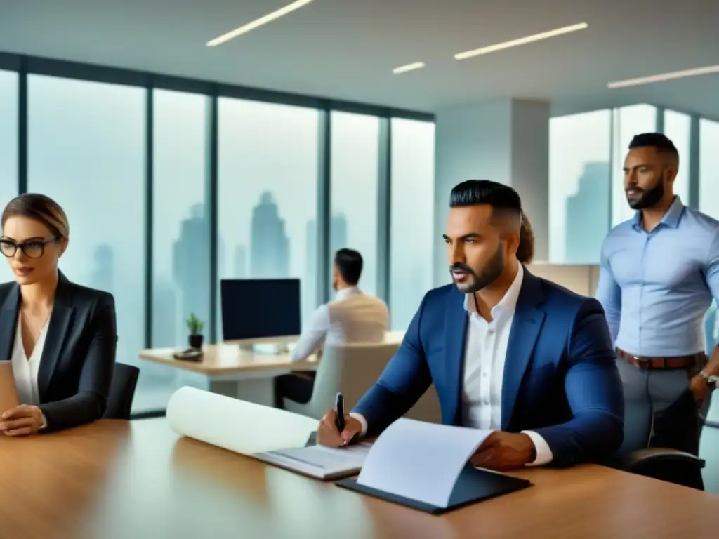 Profesionales diversificados discuten pólizas de seguros en oficina moderna Profesionales diversos discuten pólizas de seguro de propiedad comercial, destacando colaboración y expertise