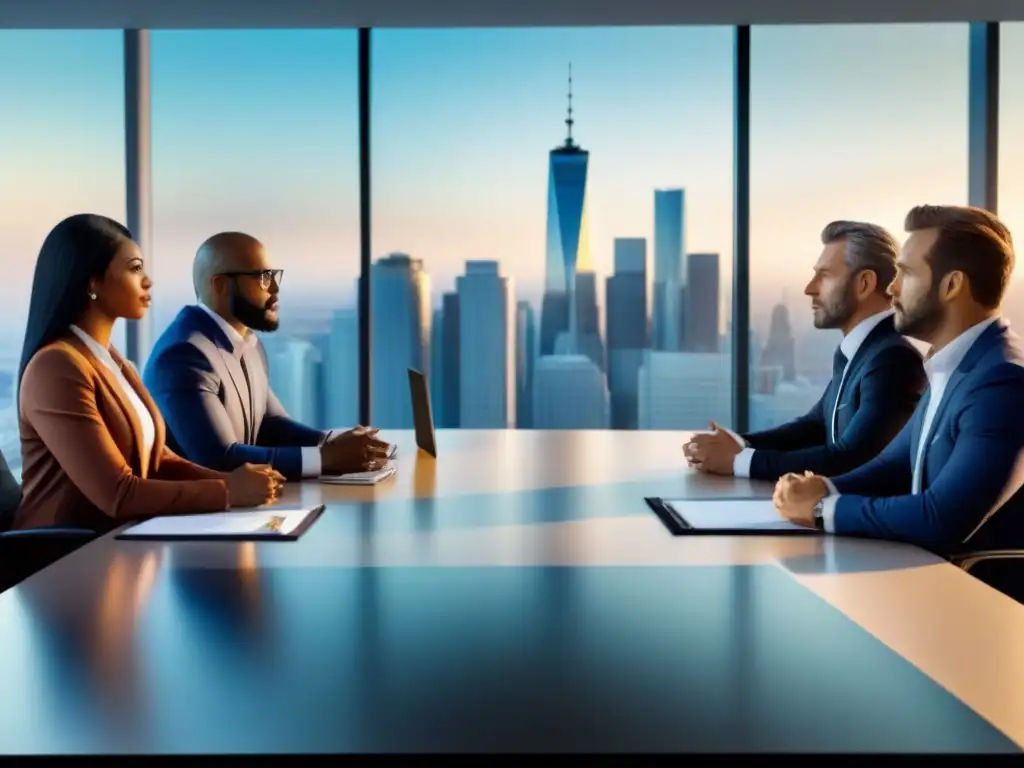 Profesionales colaborando en seguro de propiedad comercial internaciona Profesionales discuten pólizas seguros propiedades comerciales internacionales en oficina moderna con vista a la ciudad