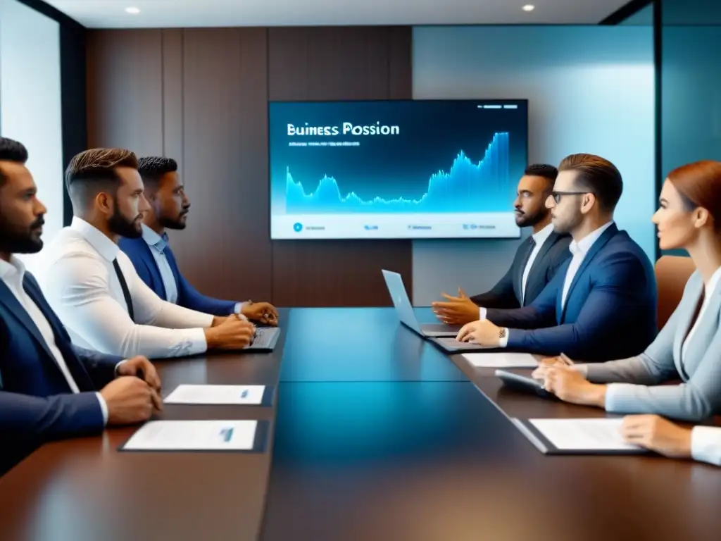 Negociación de compra en sala de juntas: profesionales expertos en acción Profesionales negociando precio compra centro comercial en sala moderna con tecnología de alto nivel y ambiente profesional