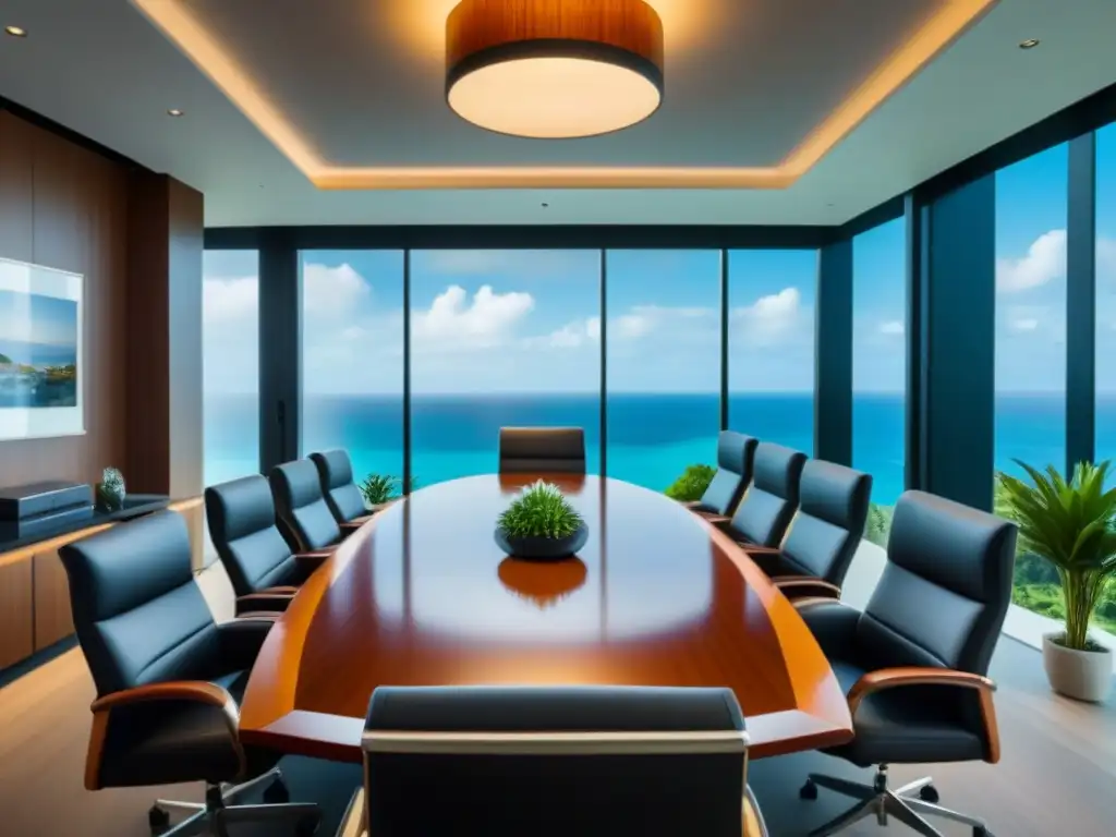 Negociación estratégica en sala de juntas de lujo Profesionales negociando precio compra isla privada en lujosa sala de juntas con vista al mar