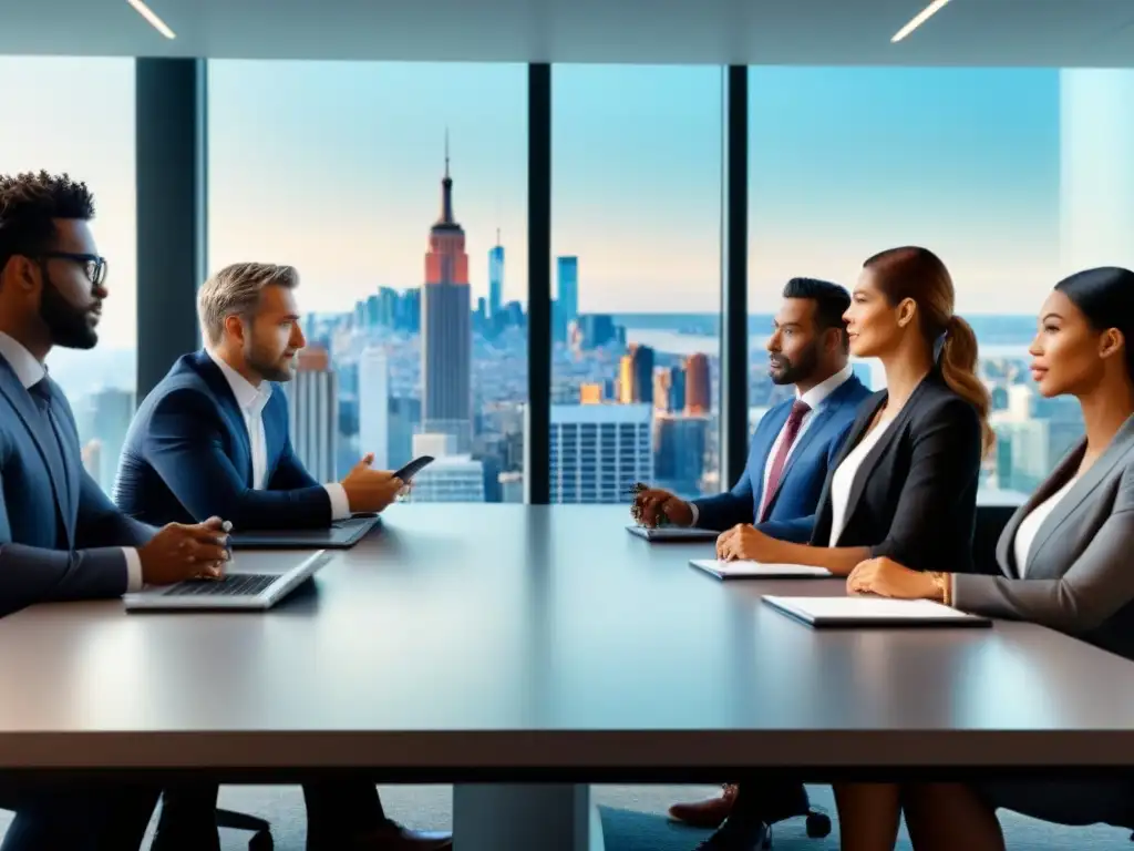 Profesionales analizando propiedades internacionales en oficina moderna Profesionales realizando due diligence en propiedades comerciales internacionales en oficina moderna