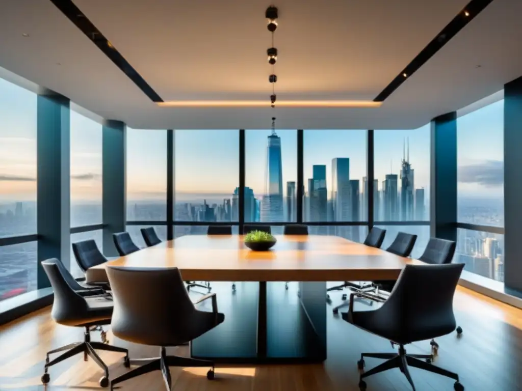 Oficina ejecutiva con vista panorámica y profesionales diversificados Profesionales discuten valoración de propiedades en fusiones en sala de conferencias moderna con vista a la ciudad