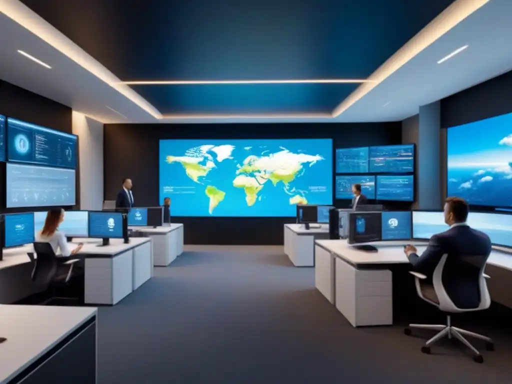 Profesionales internacionales en oficina futurista con tecnología avanzada Profesionales gestionando propiedades internacionales en la nube con tecnología avanzada