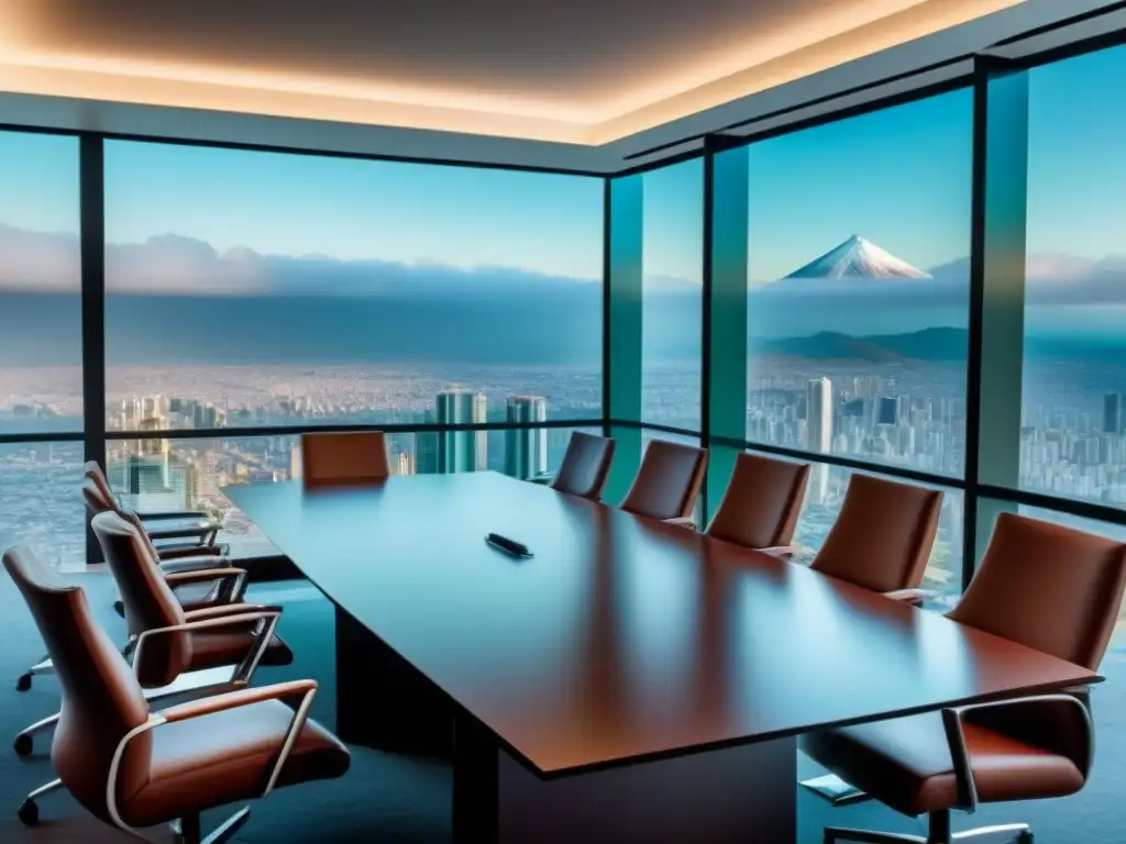 Negociación estratégica en boardroom de lujo en Latinoamérica Profesionales negocian compra propiedades en América Latina en salón moderno con vista a la ciudad