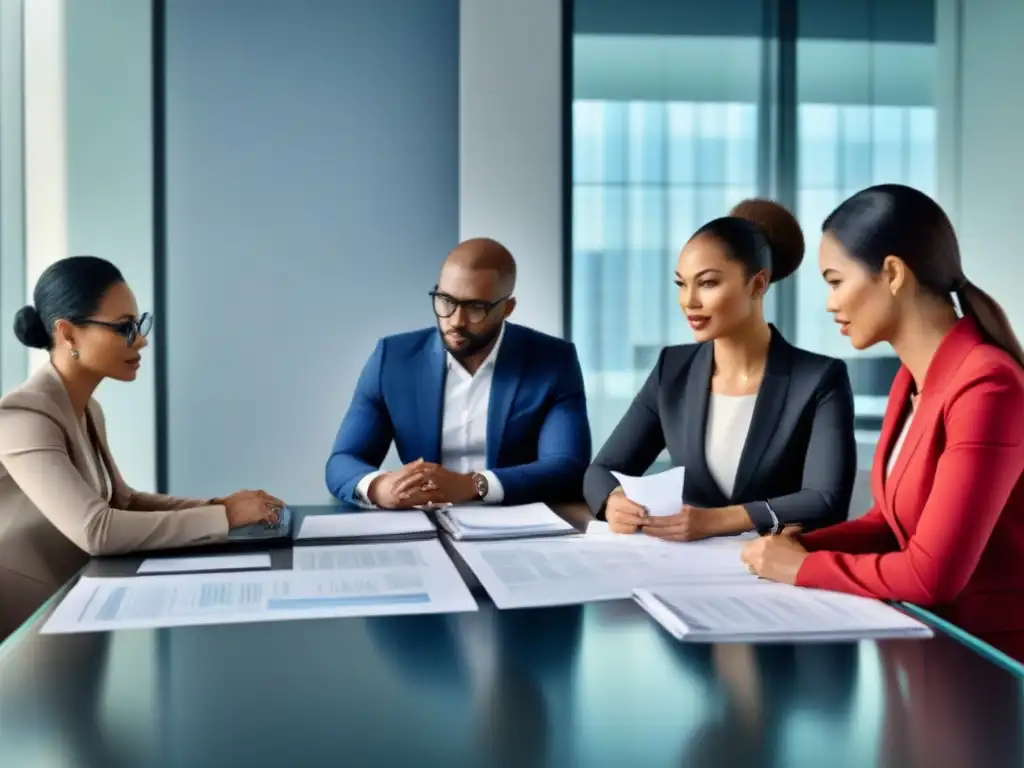 Profesionales colaborando en oficina moderna con diversidad étnica y género Profesionales colaboran en regulaciones fiscales de inversión inmobiliaria en oficina sofisticada