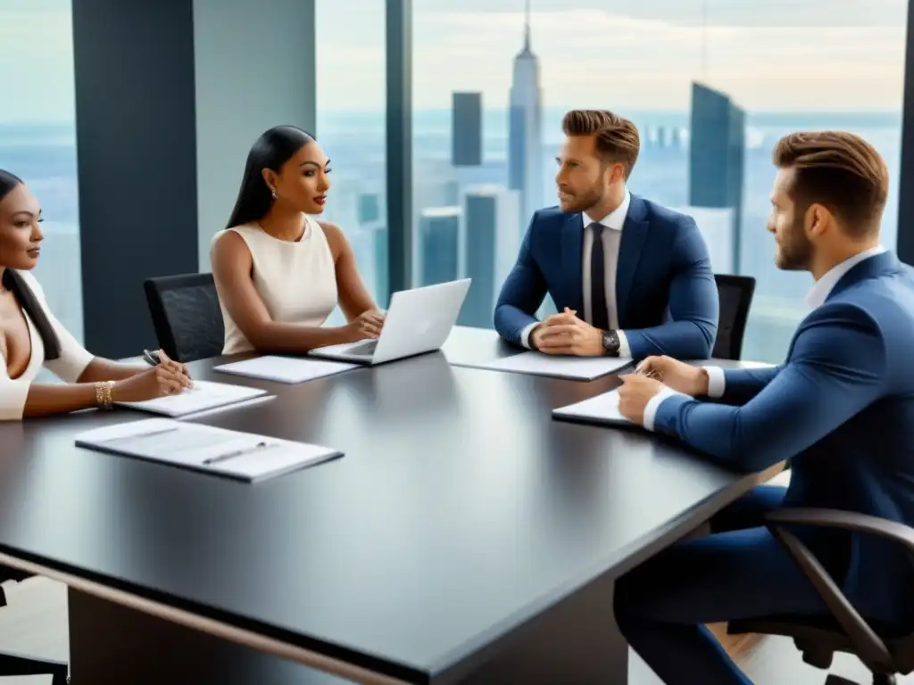 Inversionistas inmersos en análisis fiscal en oficina moderna Profesionales analizan regulaciones fiscales para inversionistas inmobiliarios en moderna oficina con vista urbana