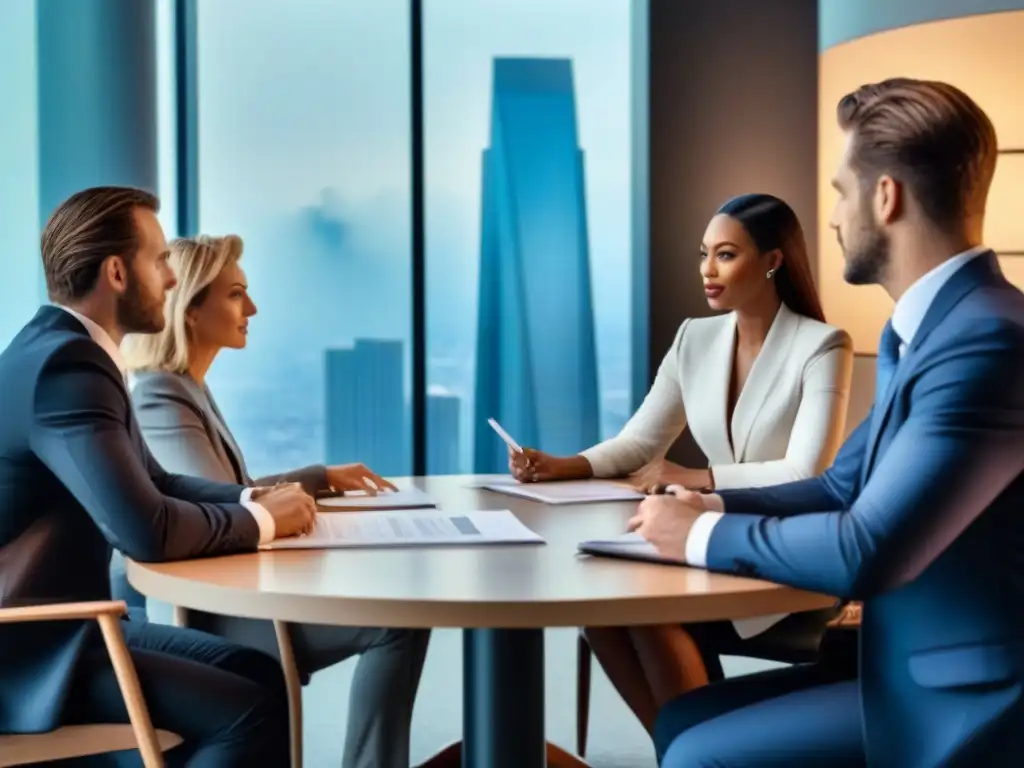 Profesionales debatiendo documentos financieros en sala moderna Profesionales discuten regulaciones globales en financiamiento residencial, con vista a la ciudad