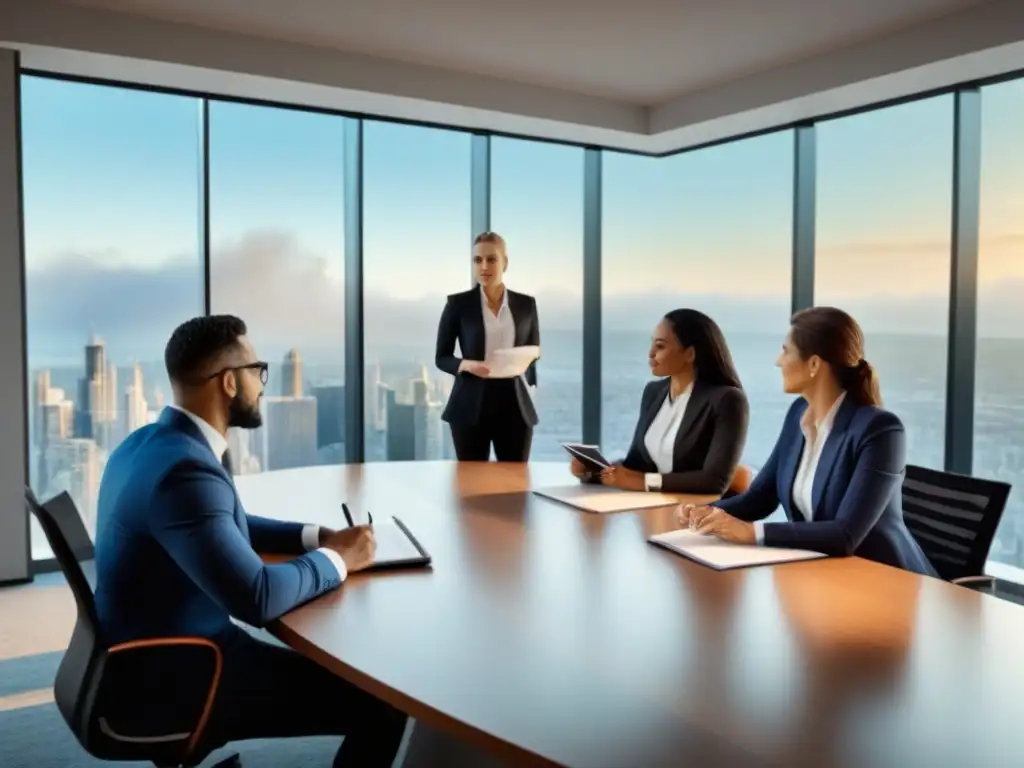 Profesionales en reunión: expertos en contratos de tiempo compartido Profesionales reunidos en mesa de conferencias discutiendo Contratos Tiempo Compartido Propietario, en ambiente luminoso y moderno
